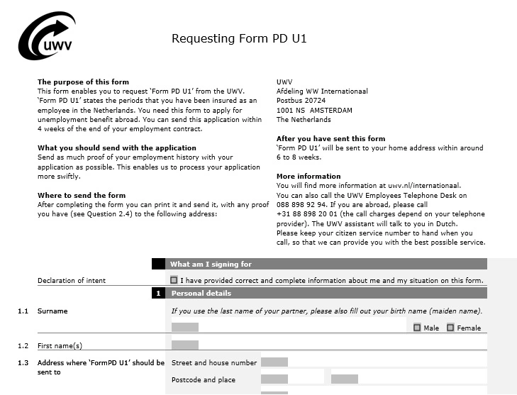 formular PD U1 z Holandska navod zadarmo