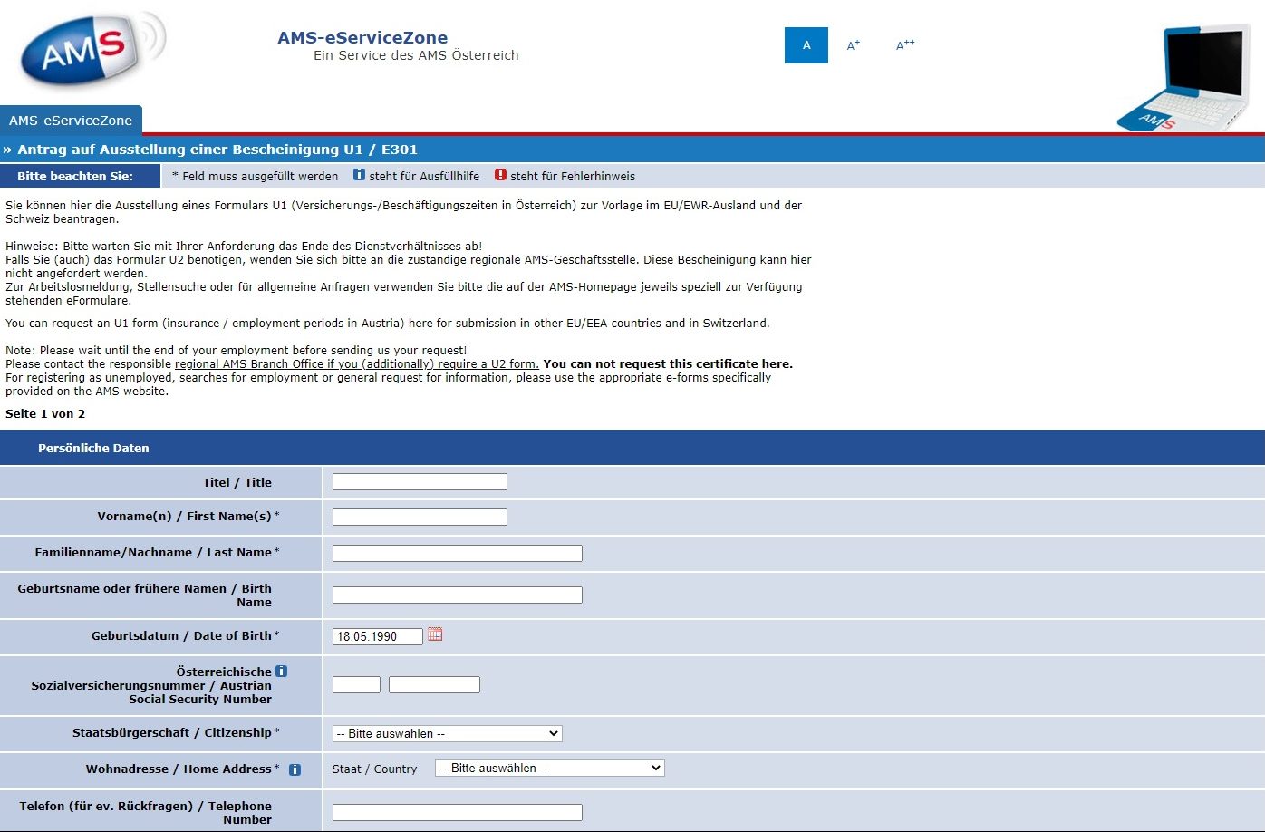 žiadosť o formulár u1 z rakúska AMS pd u1 E301